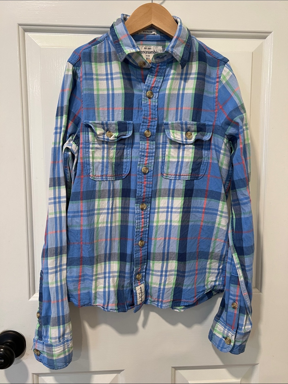 abercrombie kids Blue, White & Green Plaid Button-Down Shirt